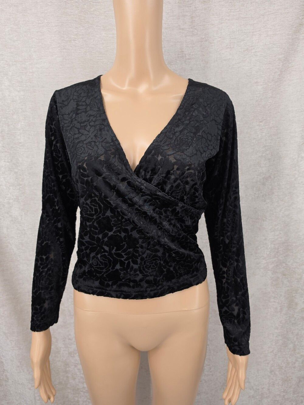 Vintage Black Floral Velvet Burnout Faux Wrap Style Women's Top Blouse